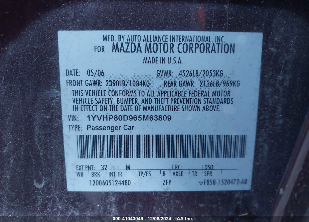 2006 MAZDA 6 S VIN: 1YVHP80D965M63809