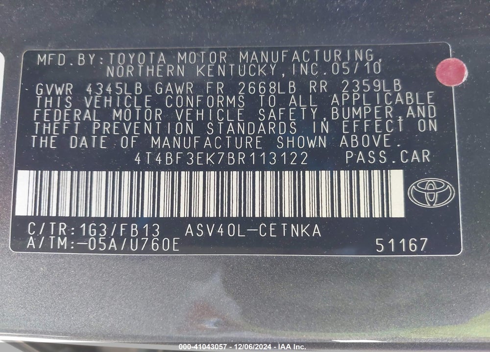 2011 TOYOTA CAMRY LE VIN: 4T4BF3EK7BR113122