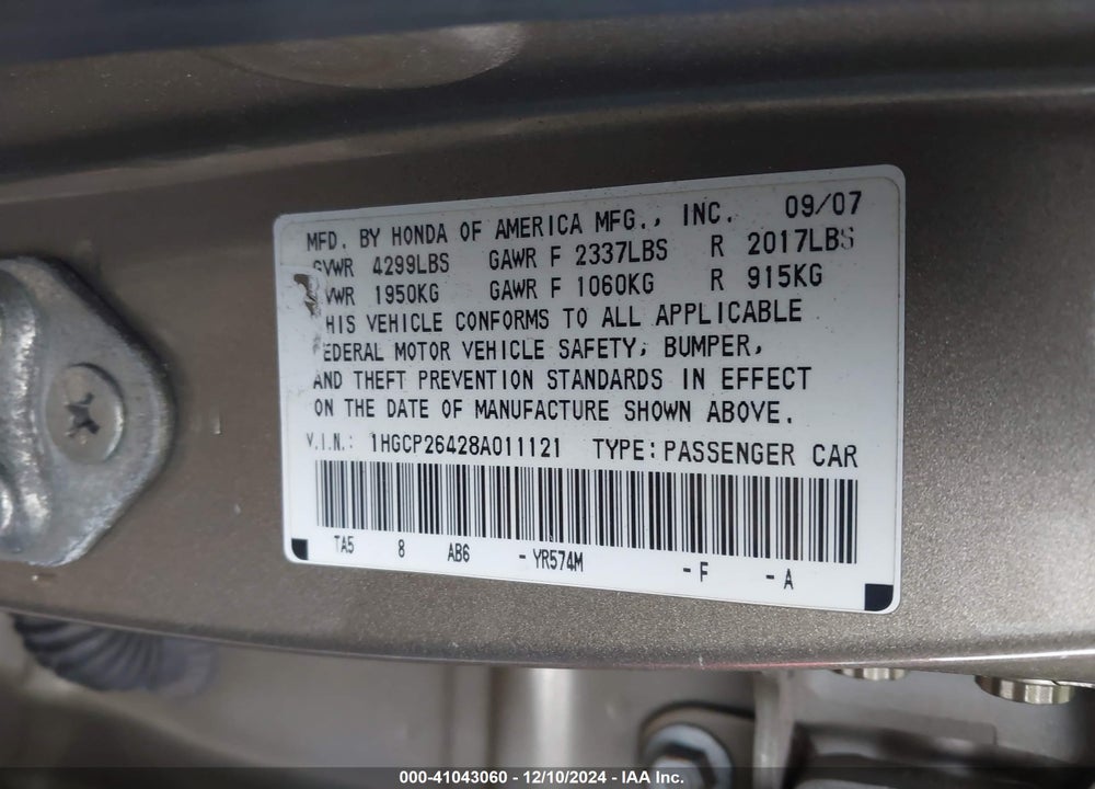 2008 HONDA ACCORD 2.4 LX-P VIN: 1HGCP26428A011121