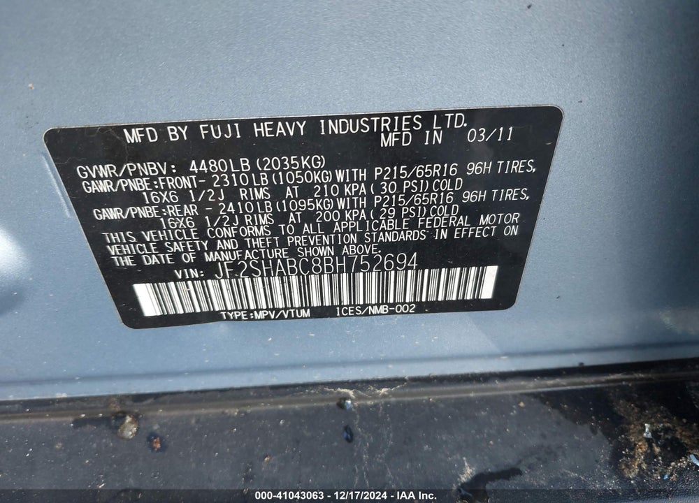 2011 SUBARU FORESTER 2.5X VIN: JF2SHABC8BH752694