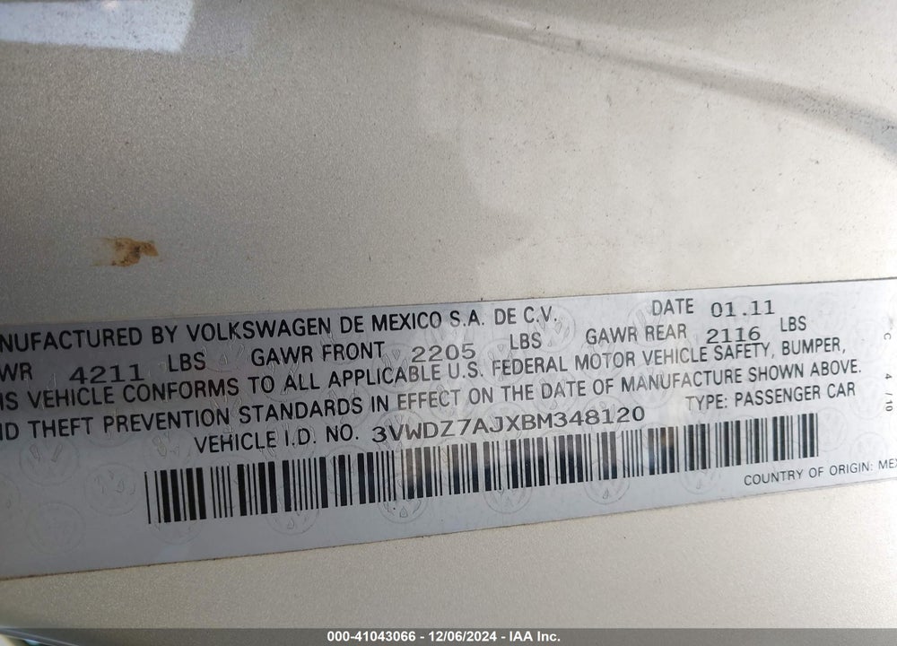2011 VOLKSWAGEN JETTA 2.5L SE VIN: 3VWDZ7AJXBM348120