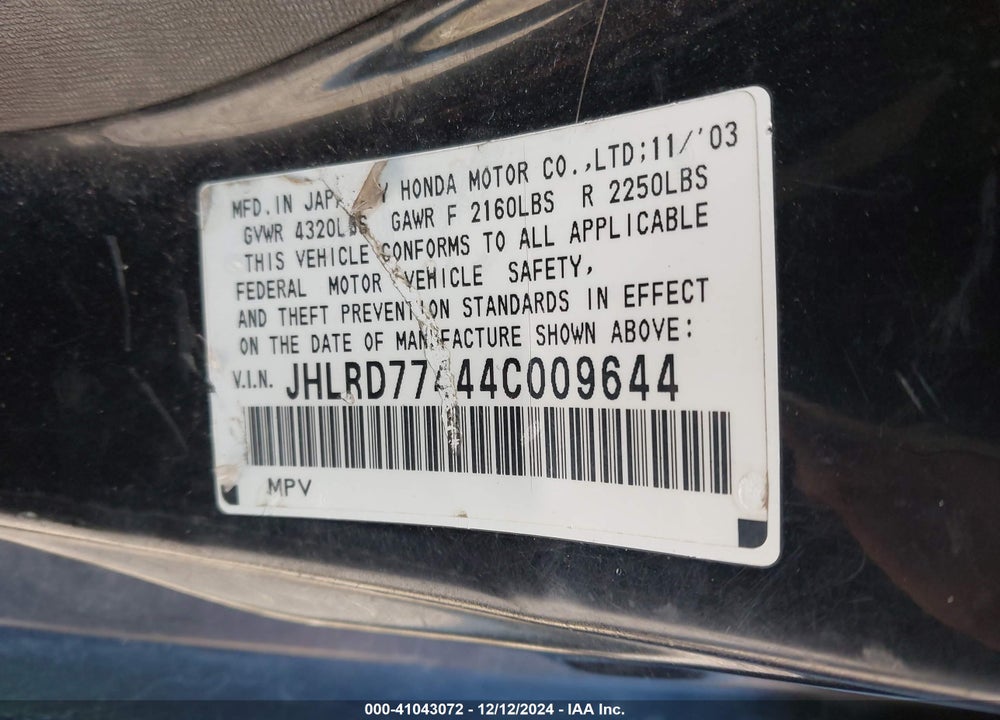 2004 HONDA CR-V LX VIN: JHLRD77444C009644