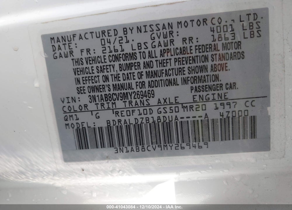 2021 NISSAN SENTRA SV XTRONIC CVT VIN: 3N1AB8CV9MY269469
