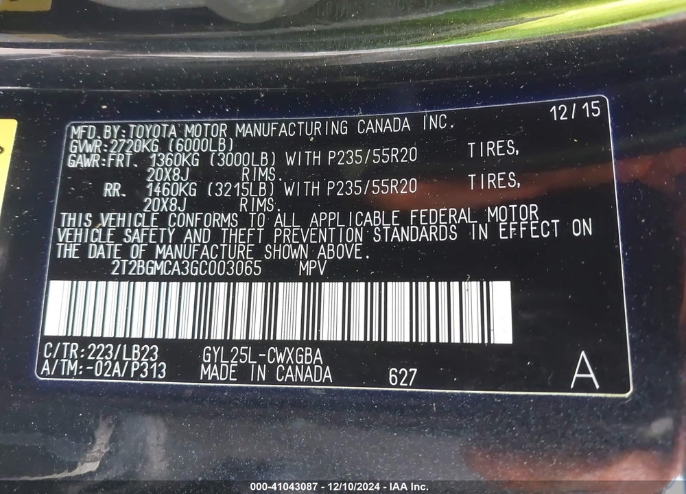 2016 LEXUS RX 450H VIN: 2T2BGMCA3GC003065
