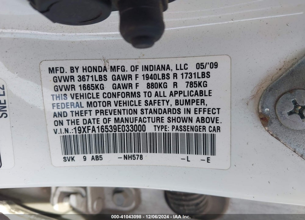 2009 HONDA CIVIC LX VIN: 19XFA16539E033000