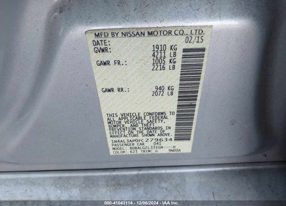 2015 NISSAN ALTIMA 2.5 S VIN: 1N4AL3AP0FC279634