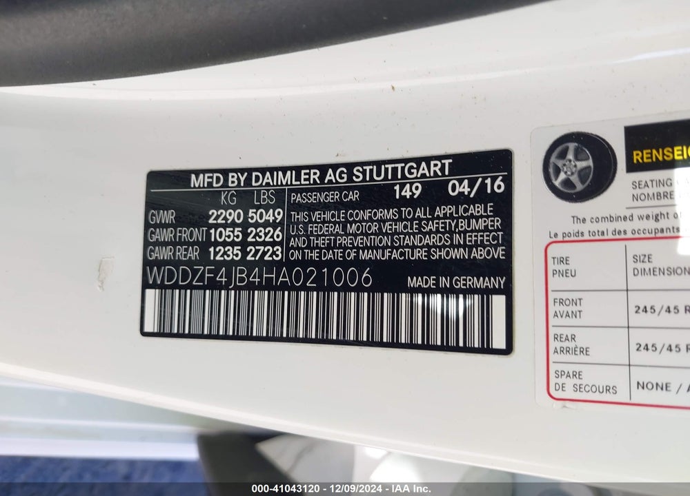 2017 MERCEDES-BENZ E 300 VIN: WDDZF4JB4HA021006