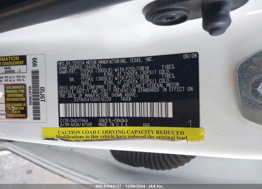 2008 TOYOTA TUNDRA BASE V6 VIN: 5TFRU54158X016239
