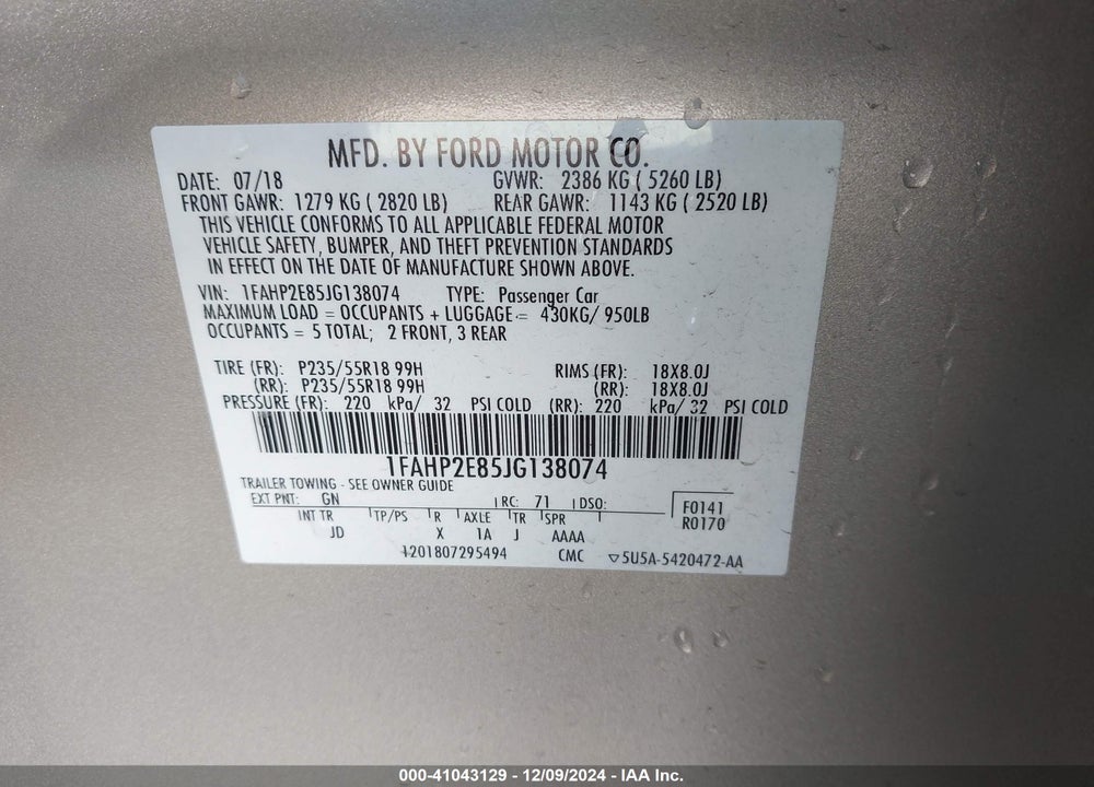 2018 FORD TAURUS SEL VIN: 1FAHP2E85JG138074