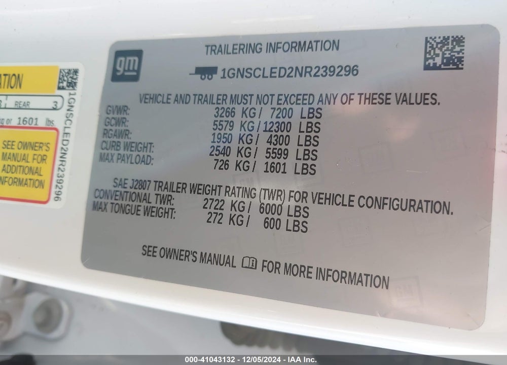 2022 CHEVROLET TAHOE 2WD COMMERCIAL FLEET VIN: 1GNSCLED2NR239296