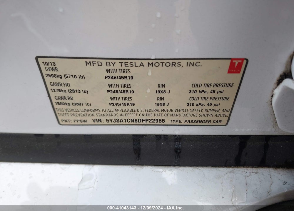 2013 TESLA MODEL S VIN: 5YJSA1CN6DFP22955