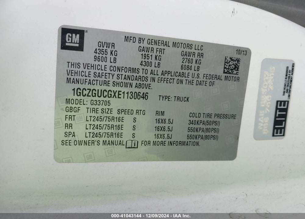 2014 CHEVROLET EXPRESS 3500 WORK VAN VIN: 1GCZGUCGXE1130646
