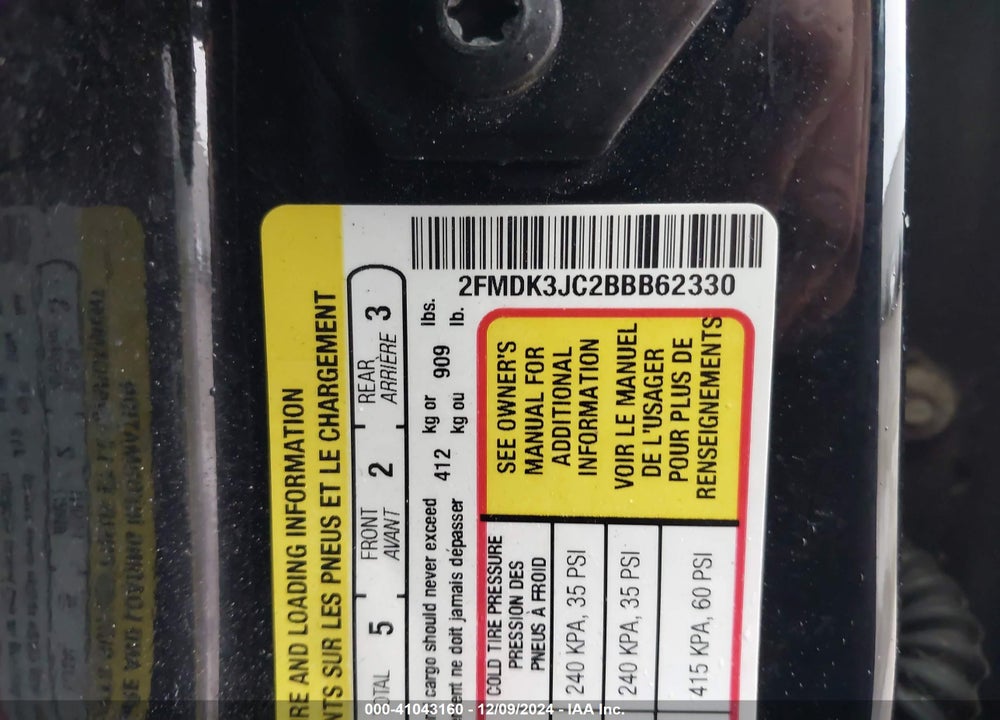 2011 FORD EDGE SEL VIN: 2FMDK3JC2BBB62330