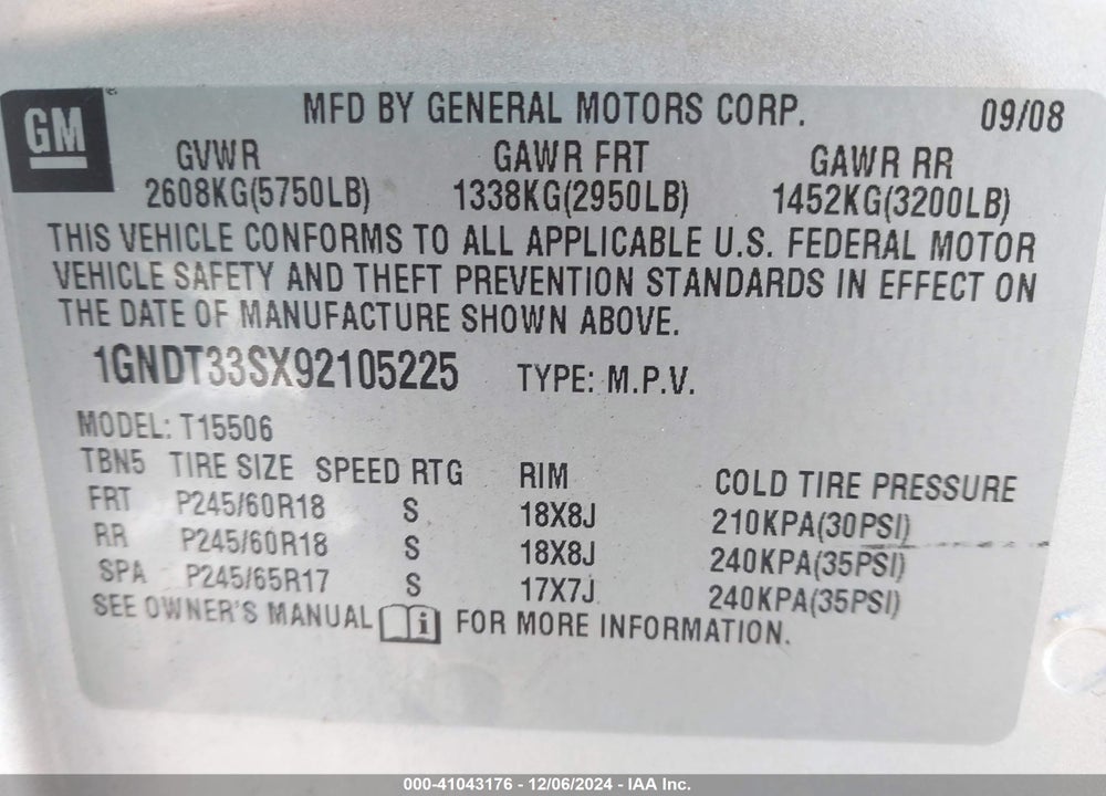 2009 CHEVROLET TRAILBLAZER LT VIN: 1GNDT33SX92105225