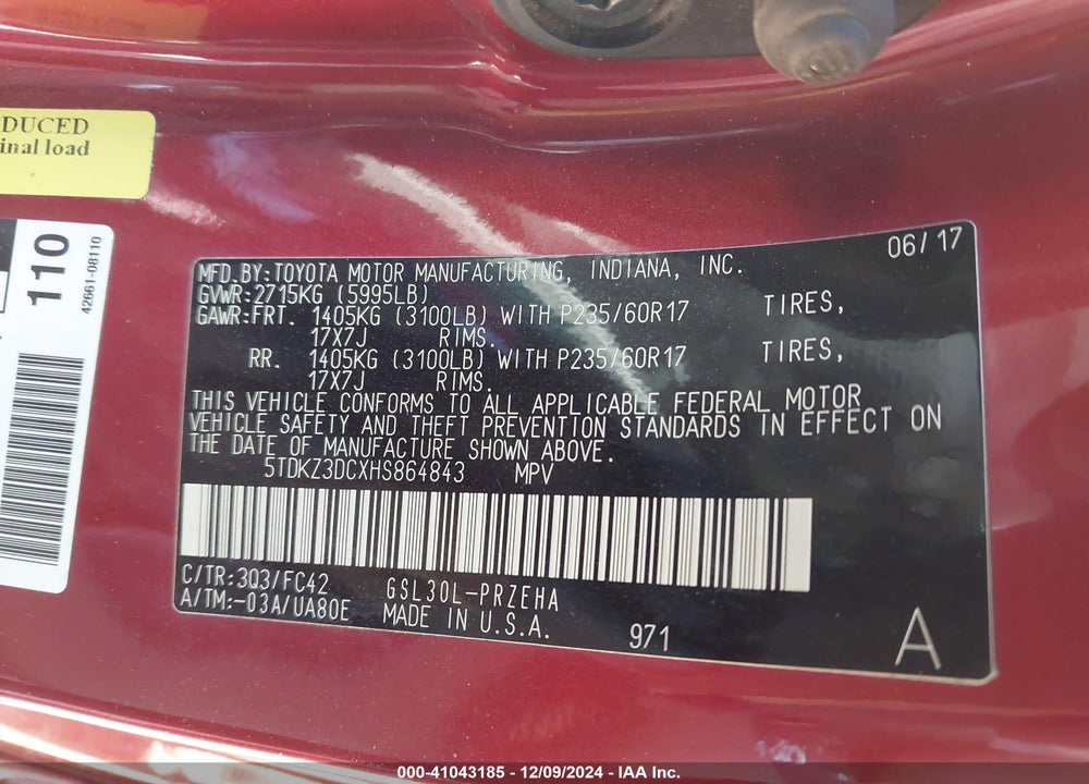 2017 TOYOTA SIENNA LE 8 PASSENGER VIN: 5TDKZ3DCXHS864843