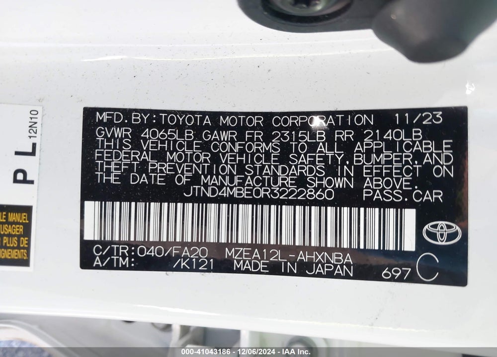2024 TOYOTA COROLLA SE VIN: JTND4MBE0R3222860
