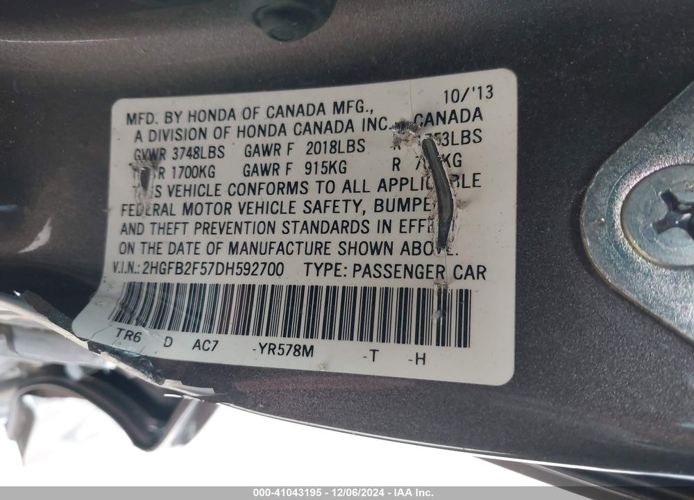 2013 HONDA CIVIC LX VIN: 2HGFB2F57DH592700