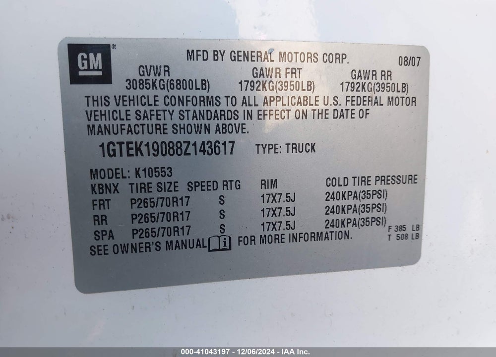 2008 GMC SIERRA 1500 WORK TRUCK VIN: 1GTEK19088Z143617