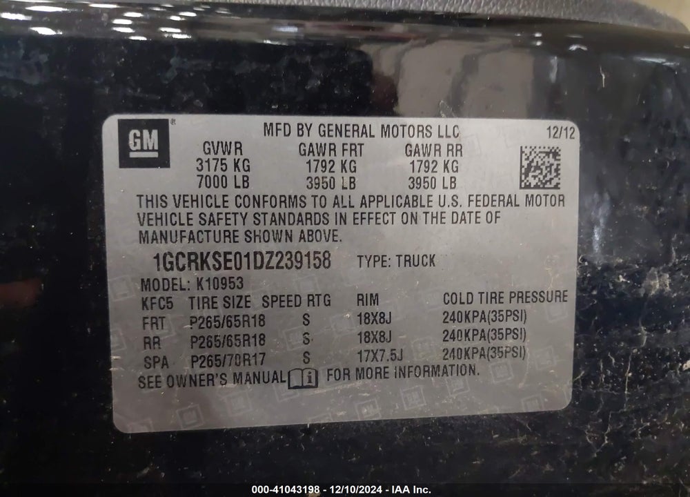 2013 CHEVROLET SILVERADO 1500 LT VIN: 1GCRKSE01DZ239158