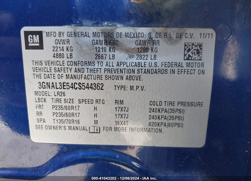 2012 CHEVROLET CAPTIVA SPORT LT VIN: 3GNAL3E54CS544362