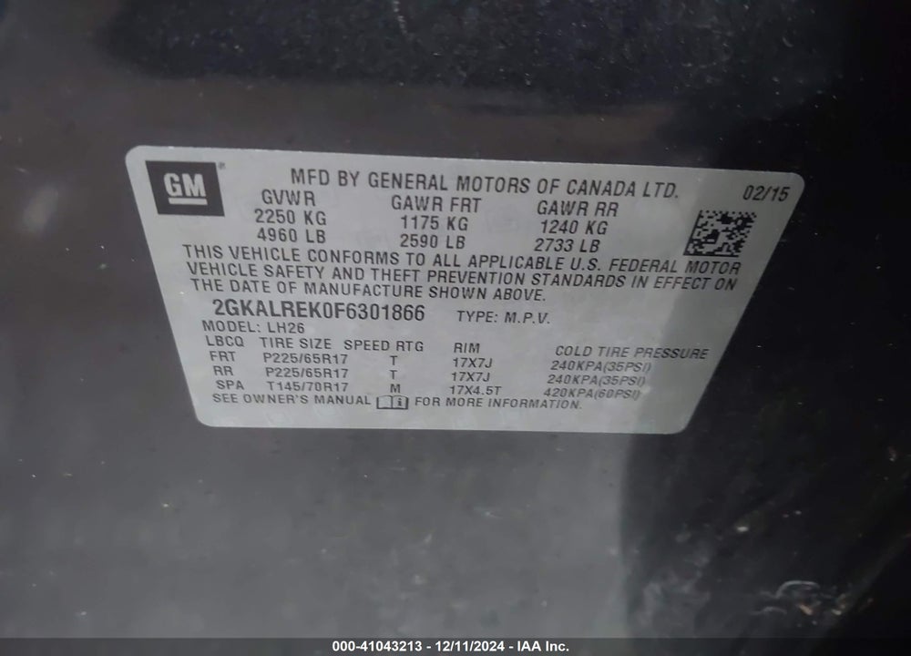 2015 GMC TERRAIN SLE-2 VIN: 2GKALREK0F6301866