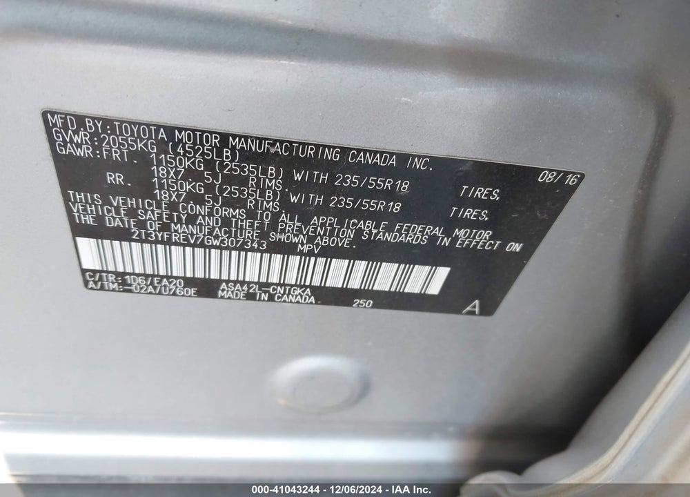 2016 TOYOTA RAV4 LIMITED VIN: 2T3YFREV7GW307343