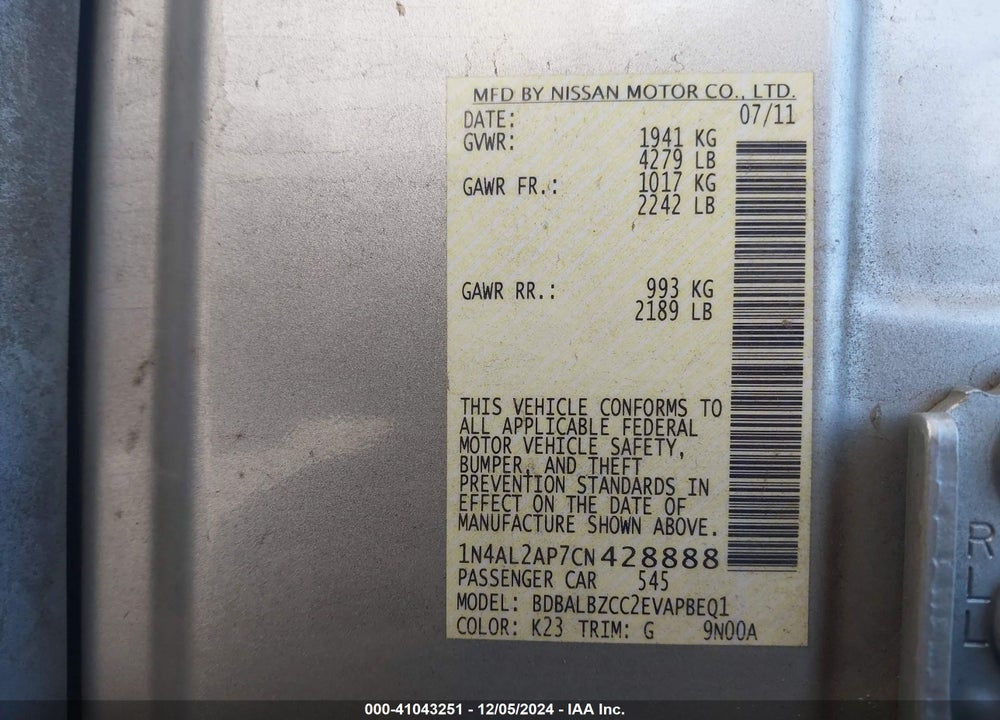 2012 NISSAN ALTIMA 2.5 S VIN: 1N4AL2AP7CN428888