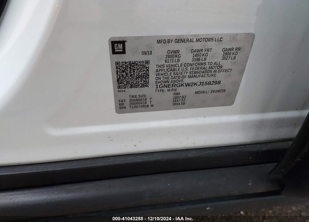 2019 CHEVROLET TRAVERSE 1LT VIN: 1GNERGKW2KJ158298