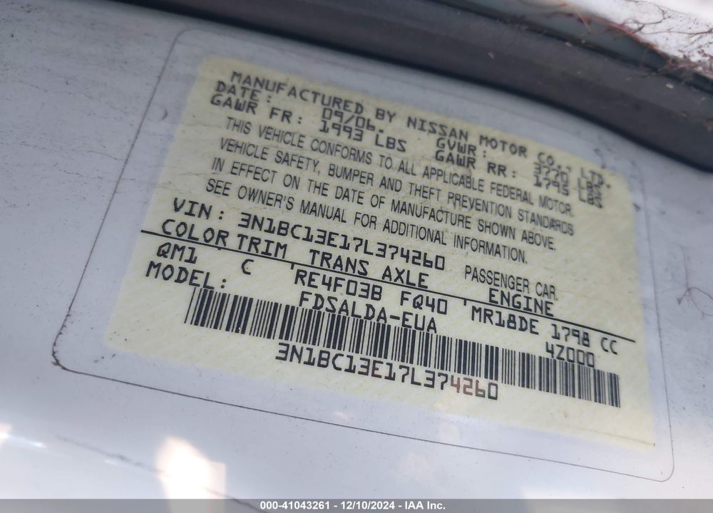 2007 NISSAN VERSA 1.8S VIN: 3N1BC13E17L374260