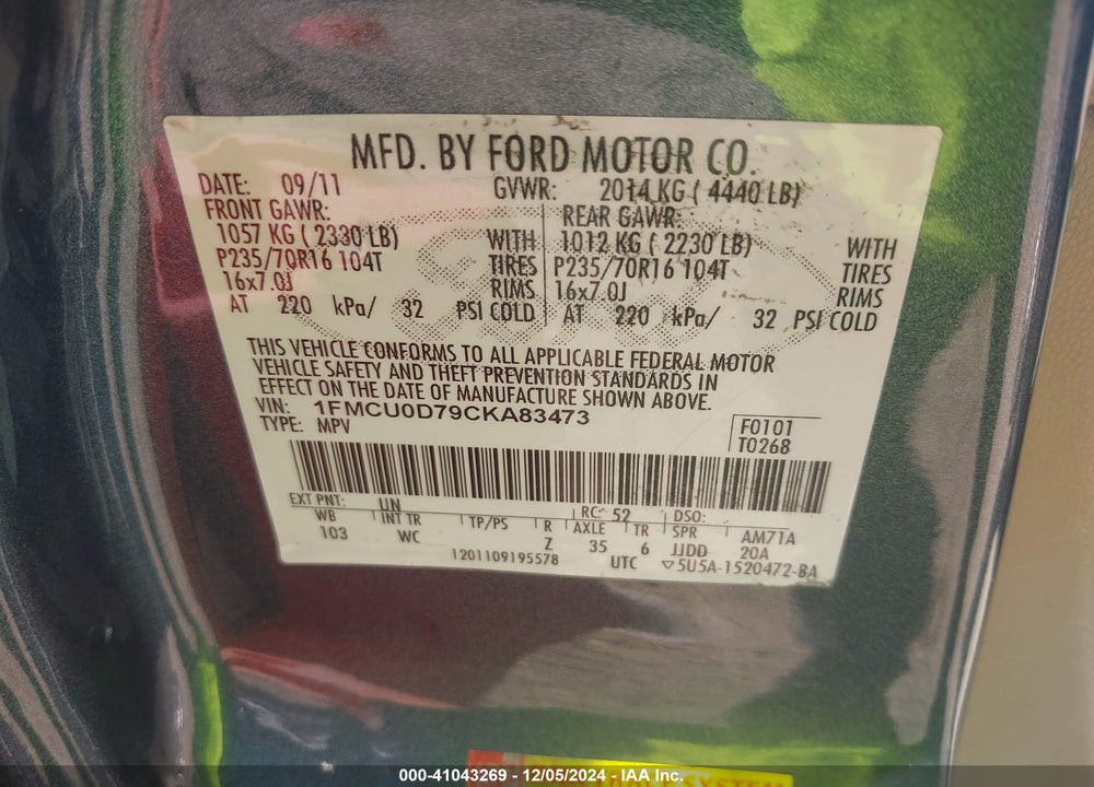 2012 FORD ESCAPE XLT VIN: 1FMCU0D79CKA83473