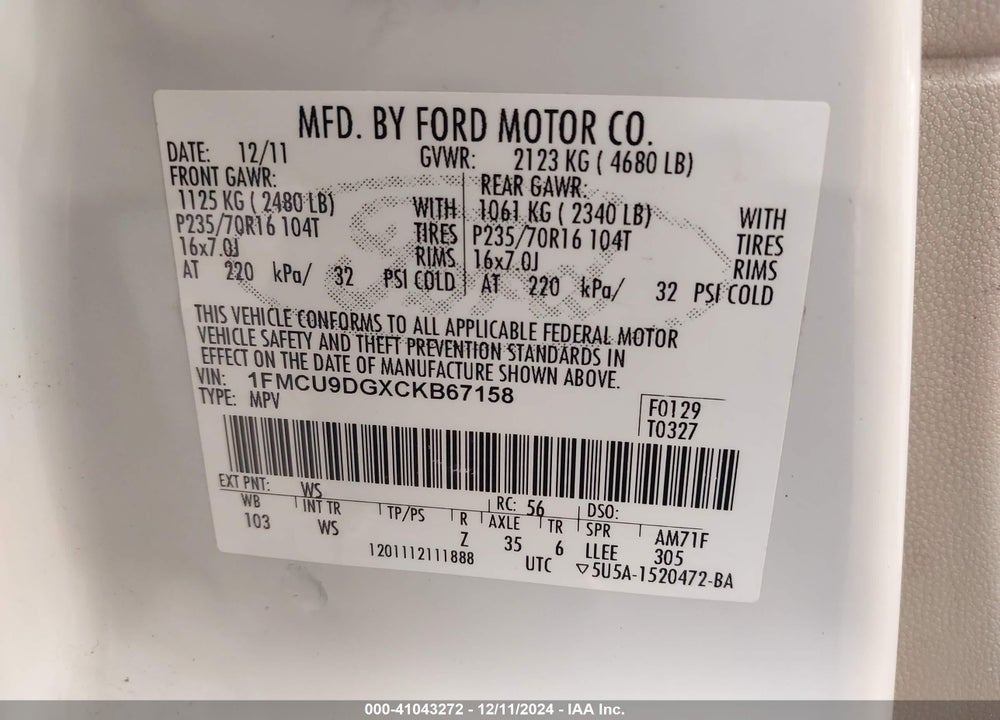 2012 FORD ESCAPE XLT VIN: 1FMCU9DGXCKB67158