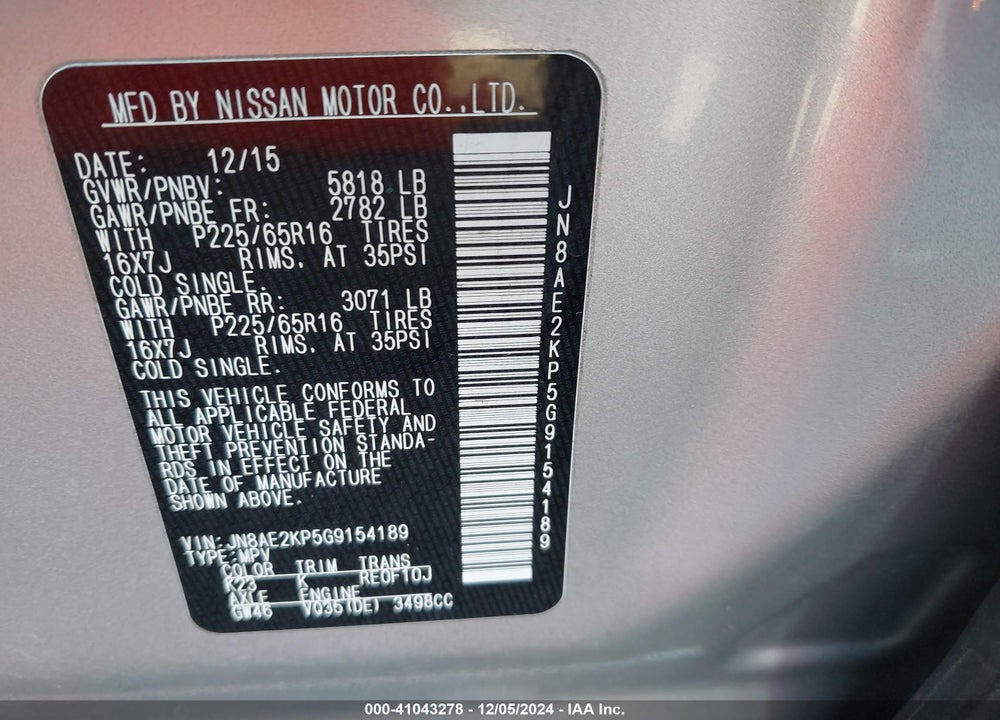 2016 NISSAN QUEST PLATINUM/S/SL/SV VIN: JN8AE2KP5G9154189