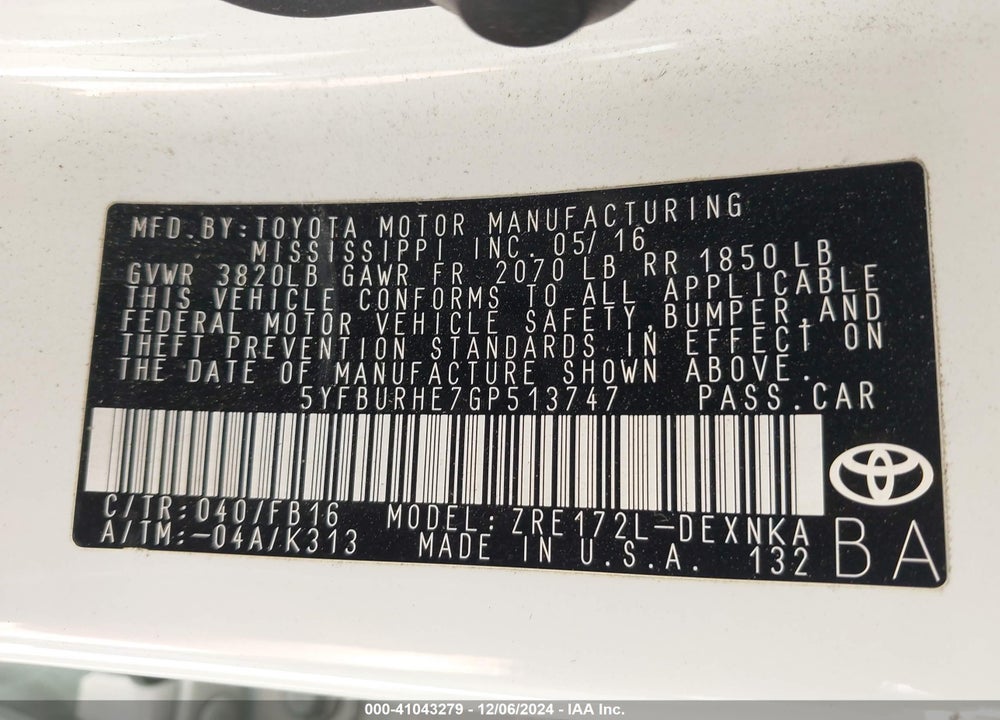 2016 TOYOTA COROLLA LE VIN: 5YFBURHE7GP513747