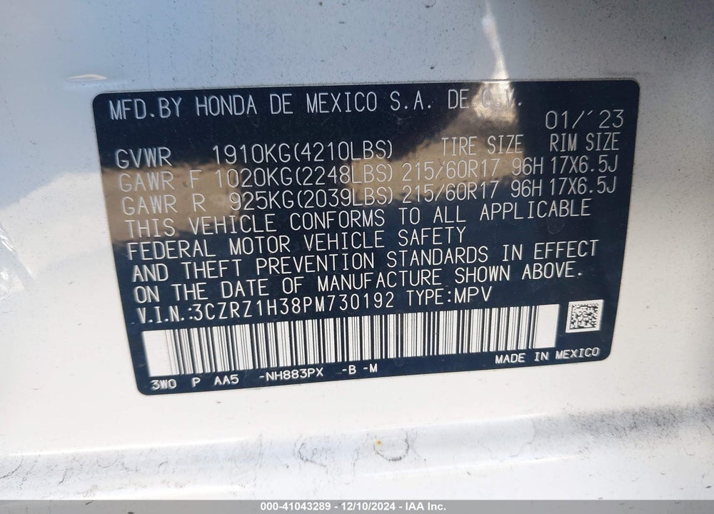 2023 HONDA HR-V 2WD LX VIN: 3CZRZ1H38PM730192