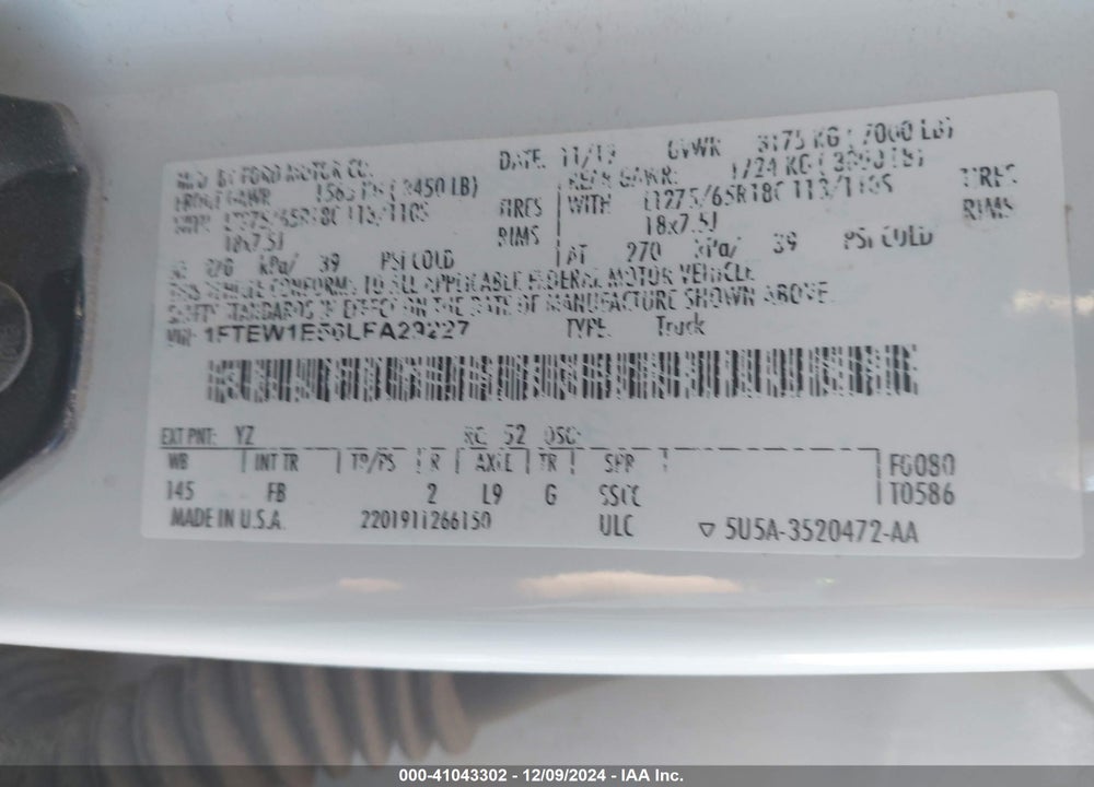 2020 FORD F-150 XLT VIN: 1FTEW1E56LFA29227