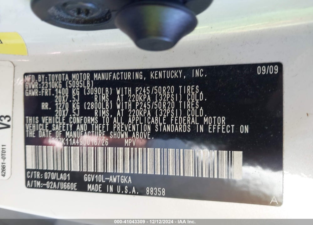 2009 TOYOTA VENZA BASE V6 VIN: 4T3ZK11A49U016726