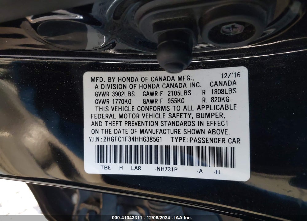 2017 HONDA CIVIC EX-T VIN: 2HGFC1F34HH638561