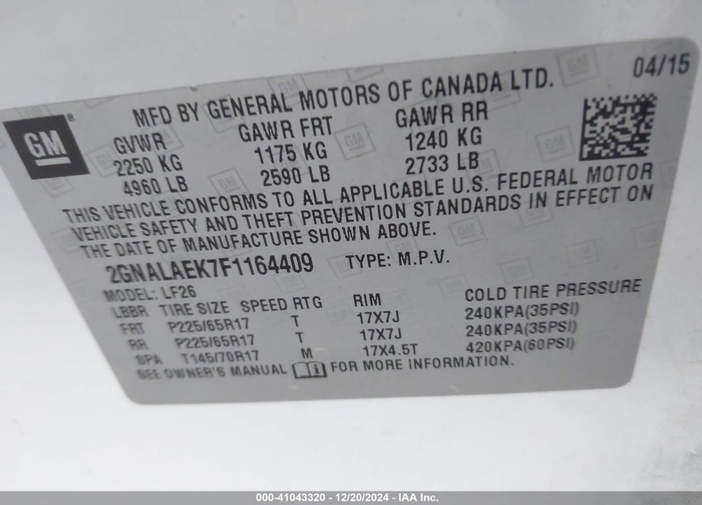 2015 CHEVROLET EQUINOX LS VIN: 2GNALAEK7F1164409