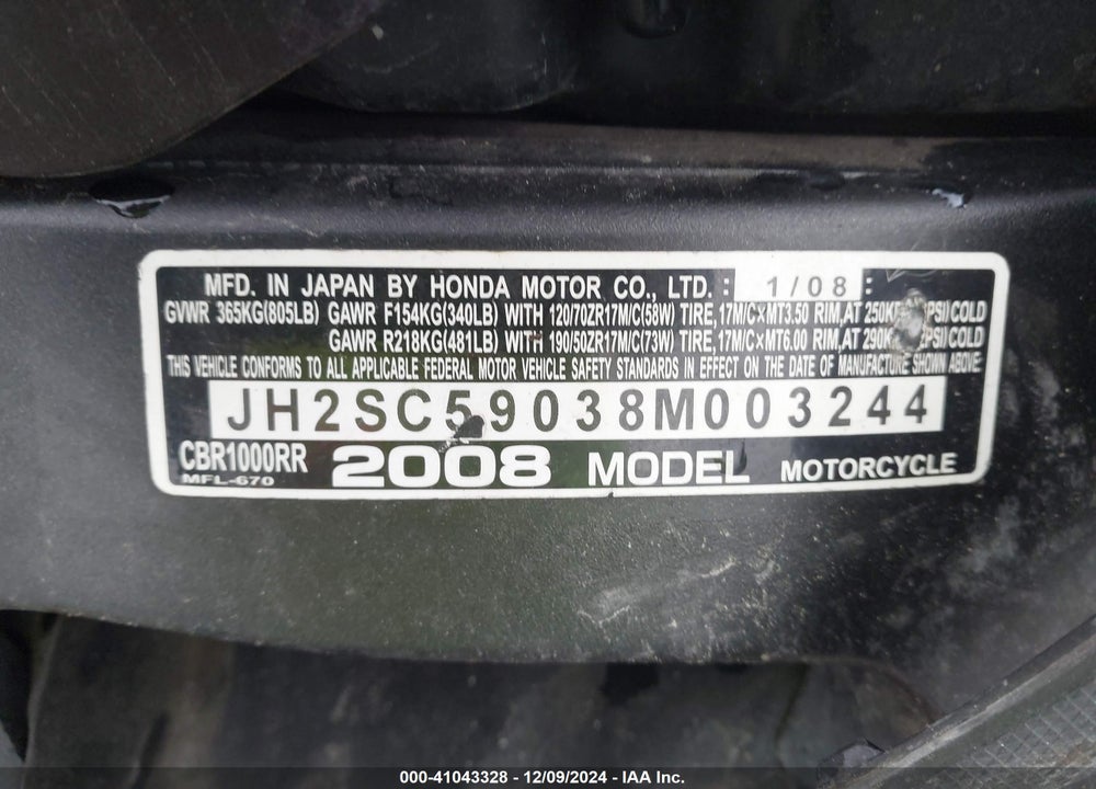 2008 HONDA CBR1000 RR VIN: JH2SC59038M003244