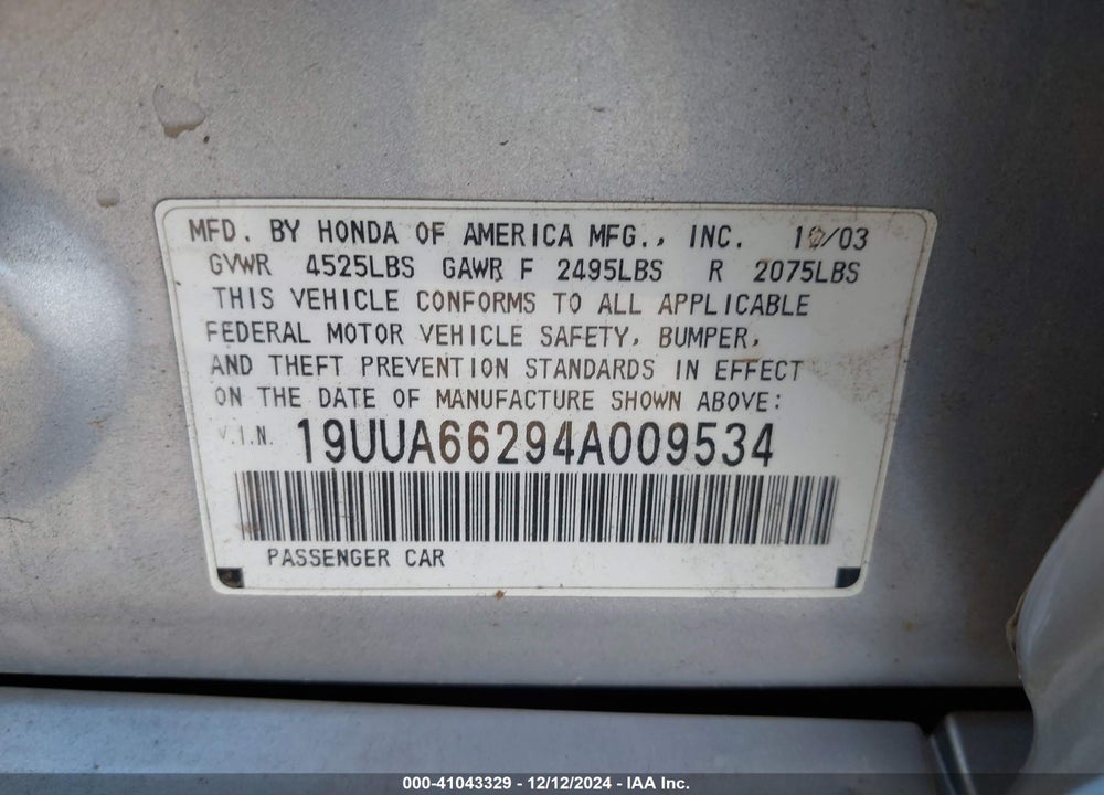 2004 ACURA TL VIN: 19UUA66294A009534