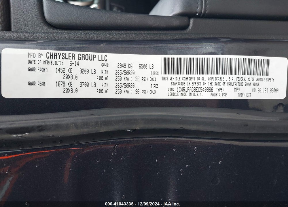 2014 JEEP GRAND CHEROKEE VIN: 1C4RJFAG8EC540866