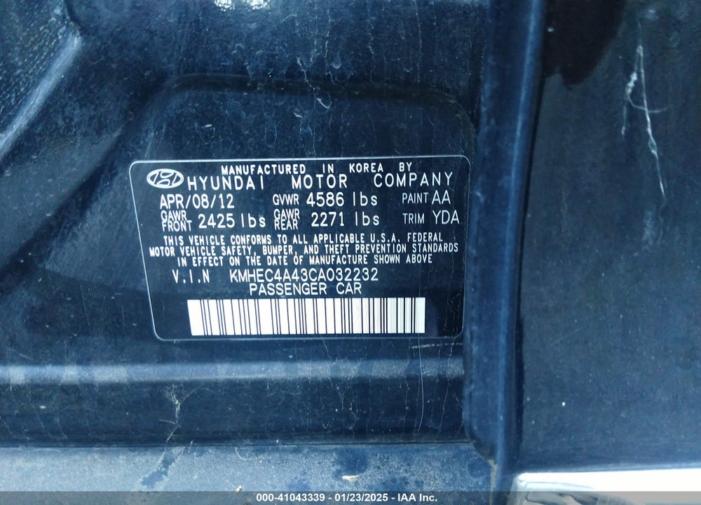 2012 HYUNDAI SONATA VIN: KMHEC4A43CA032232