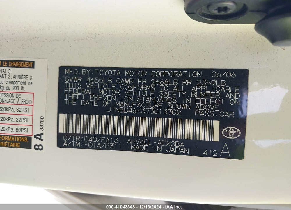 2007 TOYOTA CAMRY HYBRID VIN: JTNBB46K373013302