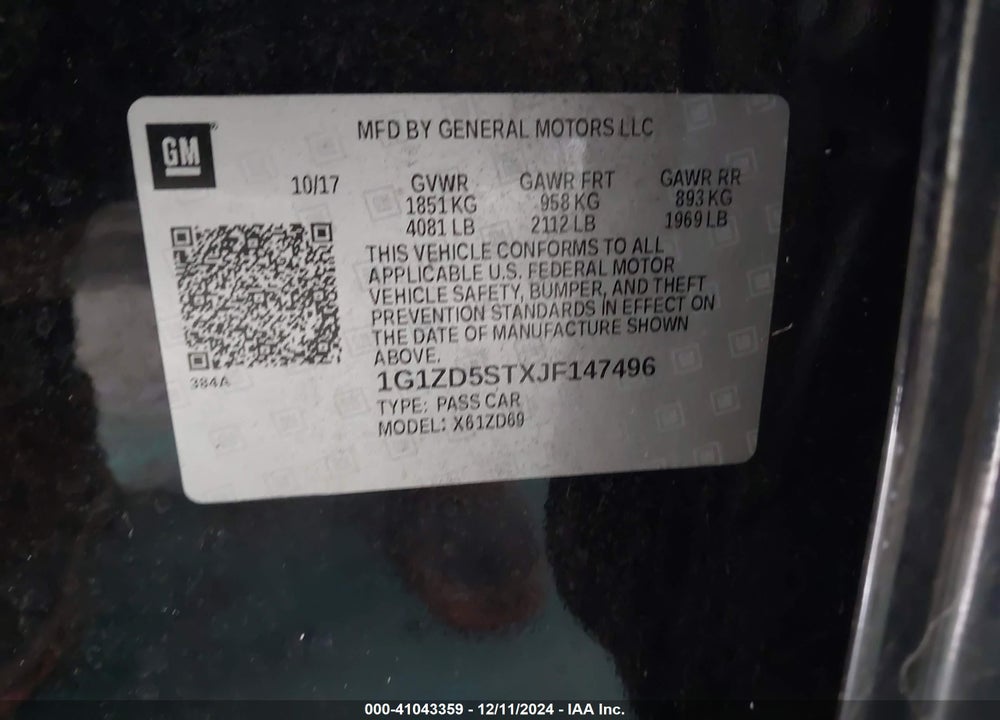 2018 CHEVROLET MALIBU LT VIN: 1G1ZD5STXJF147496