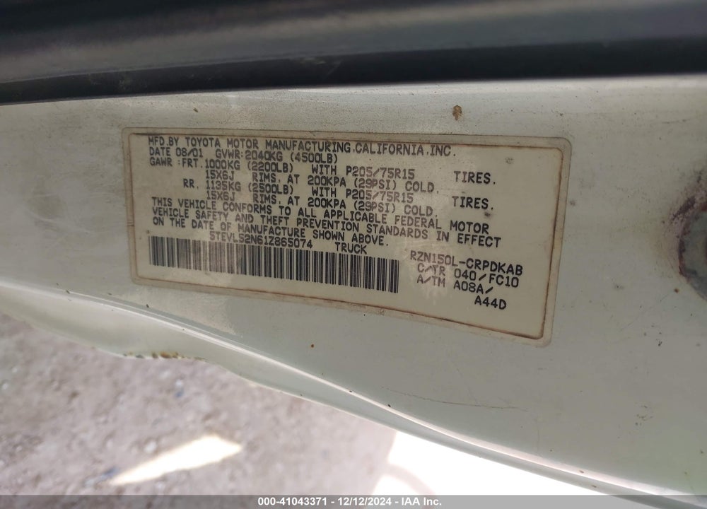 2001 TOYOTA TACOMA VIN: 5TEVL52N61Z865074