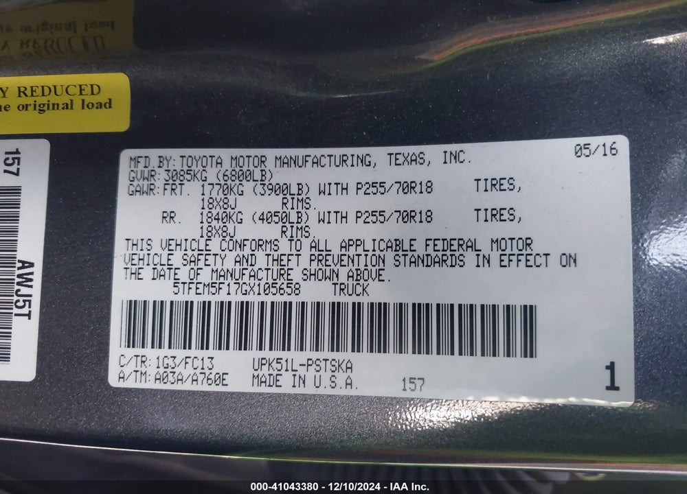 2016 TOYOTA TUNDRA SR5 4.6L V8 VIN: 5TFEM5F17GX105658