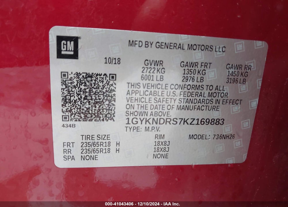 2019 CADILLAC XT5 LUXURY VIN: 1GYKNDRS7KZ169883