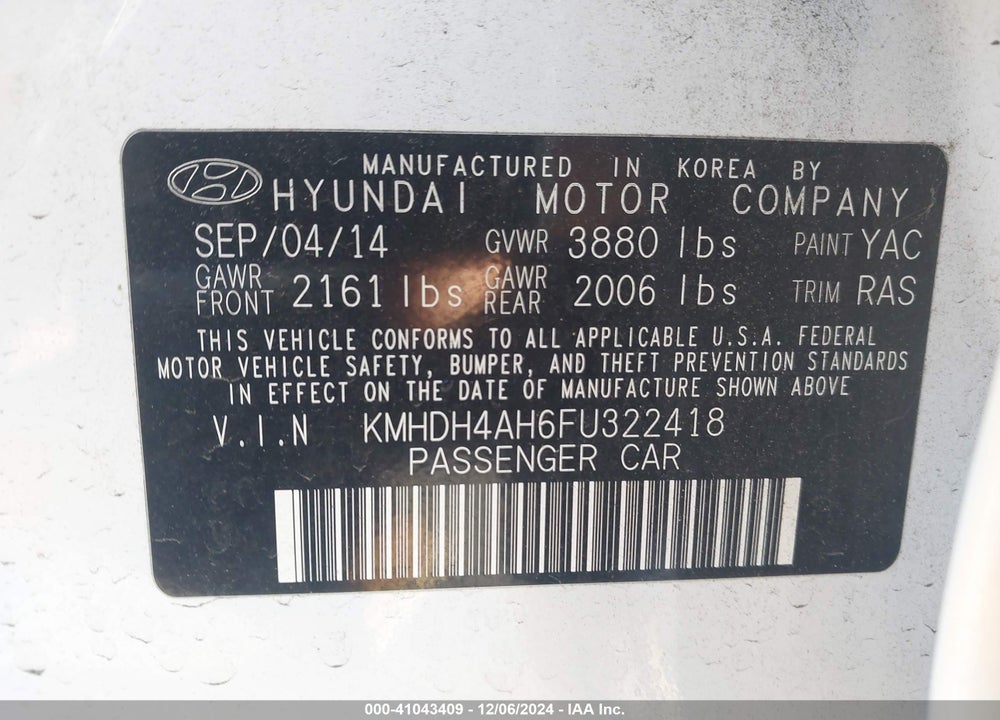 2015 HYUNDAI ELANTRA SPORT VIN: KMHDH4AH6FU322418