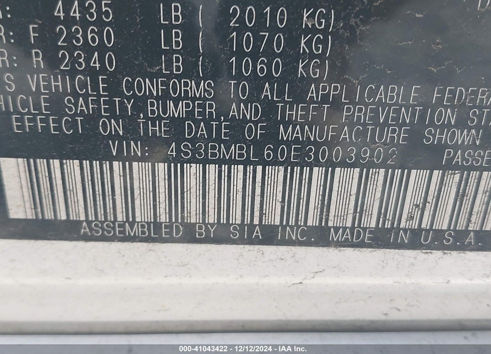 2014 SUBARU LEGACY 2.5I LIMITED VIN: 4S3BMBL60E3003902