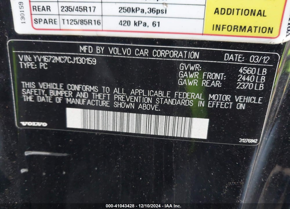 2012 VOLVO C70 T5/T5 PLATINUM/T5 PREMIER PLUS VIN: YV1672MC7CJ130159